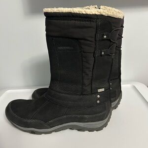 Merrell Women's Black Winter Snow Boots with Cream Fur Collar